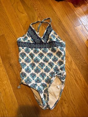 Cabana Life Girls Blue Teal White Patterned One-Piece Swimsuit